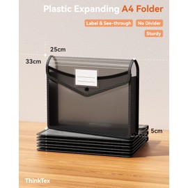 ThinkTex A4 Plastic File Folder,No-Divider 6cm Expansion Organiser,Labels & See-Through,Snap Button Closure,5 Pcs