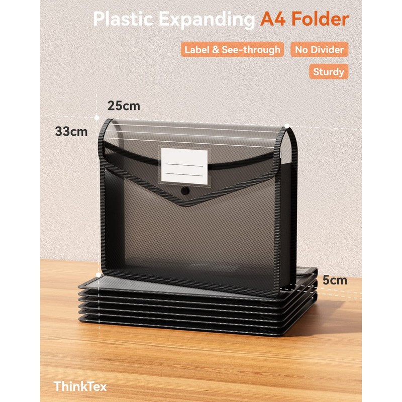 ThinkTex A4 Plastic File Folder,No-Divider 6cm Expansion Organiser,Labels & See-Through,Snap