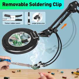 KUVRS Ultra Long 3-Section Swing Arm 12X Magnifying Glass with Light and Stand, 5 Colors Helping Hands Soldering Station, 4-Way Large Metal Clamp LED Lighted Magnifier Lamp for Craft Workbench Repair