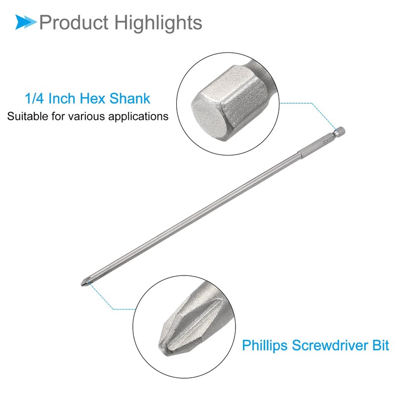 CoCud Phillips Phillips Screwdriver Bits PH2 250 mm Long 1/4