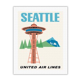 Seattle, Washington - Space Needle - United Air Lines - Vintage Airline Travel Poster c.1962 - Fine Art Rolled Canvas Print 20in x 26in
