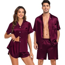 SWOMOG Couple Satin Matching Pajamas Sets Women & Men Short Sleeve Sleepwear Silk Button Down Nightwear 2 Pieces Loungewear Dark Wine Red