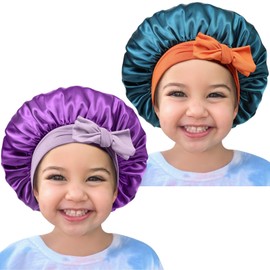 Gorro de pelo de seda de satén: 2 capos para niños con banda ajustable para dormir cómodo (verde azulado y morado), Black & Hotpink, Small