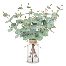 KYNUG Eucalyptus Stems in Glass Vase with Faux Water, 6pcs Fake Plant Eucalyptus Leaves, 20.5" Faux Greenery Artificial Plants Decor for Centerpieces, Tables, Bathroom, Mantle, Farmhouse