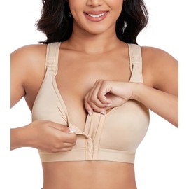 Lemorosy Women's Post Surgical Front Closure Bra Wirefree Non Padded Racerback with Adjustable Wide Strap(Beige,32C)
