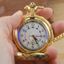 LED Gold Right Locomotive Len's Quartz Men's Pocket Watch, Arabic Numeral Dial Quartz Pocket Watch with Chain