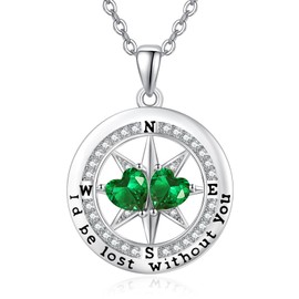 JIYVY32 Compass Necklaces for Women Compass Double Birthstone Pendant Necklaces for Her Wife Anniversary Birthday Jewelry Gifts Green Emerald & Green Emerald May & May Birthstones Necklace