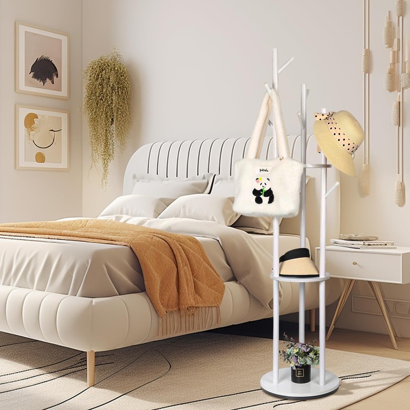 Fengzhizhu Solid Wood Coat Rack with 3 Shelves and 9