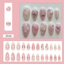 NEWSPIED Pink Press on Nails Almond Medium Fake Nails Cute Heart Bow Press on Acrylic Nails Full Cover Reusable Glue on Nails Almond Shaped False Nails with Designs for Women Manicure Decoration 24Pcs