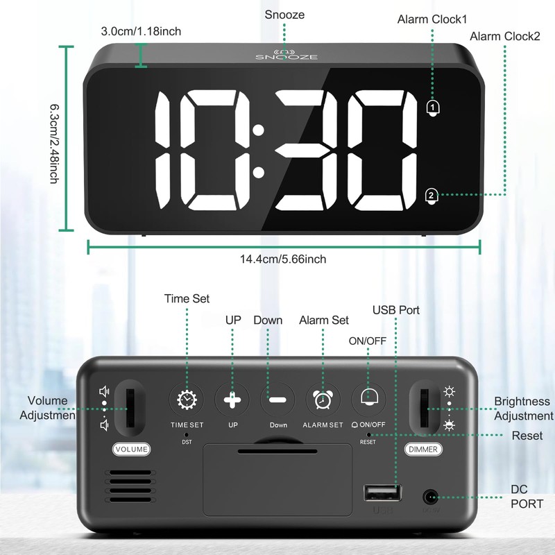HERMIC Alarm Clock Bedside Mains Powered Large Digital Led Display,
