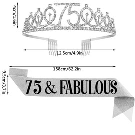 75th Birthday Sash and Tiara for Women, 75 & Fabulous Sash and Tiara Birthday Crown, Happy 75th Birthday Gifts for Queen Woman Party Favors Supplies and Decorations, Silver