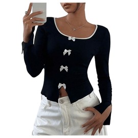 Verdusa Women's Color Block Bow Decor Open Slit Long Sleeve T Shirts Black Medium