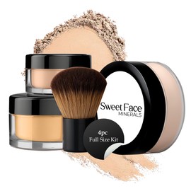 Sweet Face Minerals 4 Pc Full Size Kit with Kabuki Mineral Makeup Set Bare Skin Sheer Powder Foundation Cover Beige 4 piece Full Size Kabuki Kit      