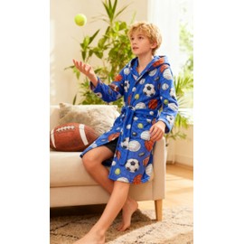 Funnycokid Boys Ball Robes Kids Fleece Bathrobe Soccer Hooded Football Pajamas Size 9 10 Flannel Sleepwear 9-10 Years