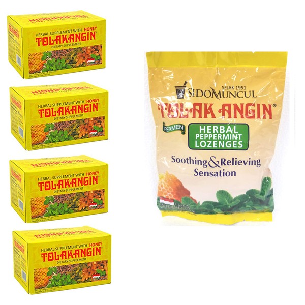 Bundle Packs - Sido Muncul Tolak Angin Herbal Supplement with Honey. 12x0.5oz (Pack of 4) + Sido Muncul Tolak Angin Permen - Herbal Peppermint Lozenges (Pack of 1)