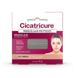 CICATRICURE Maquillaje en Polvo, Oculta líneas de expresión y unifica el tono de piel, con acabado mate, tono medio, Presentación de 10g
