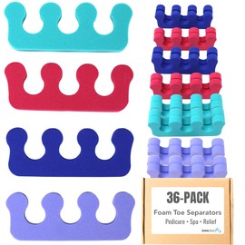 Iconikal 36-Pack Pedicure Foam Toe Separators Stretchers, Soft Spacers for Nail Polish Bunion Relief - Turquoise Red Blue Violet