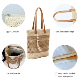 Aphoraeny Straw Beach Bag Buckets Totes Handbag Shoulder Tote Bag Straw Purse Summer Purse Women Summer Handbag, B-beige Stripes