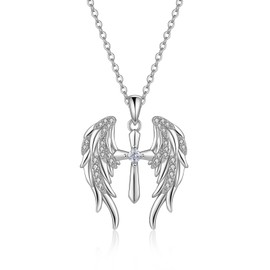 YV-cozx 925 Silver Angel Wings Cross Necklace Couple Cross Necklace for Women and Man- Dainty Pendant Cubic Zirconia Necklace, Christian Gifts for Women Man (silver)