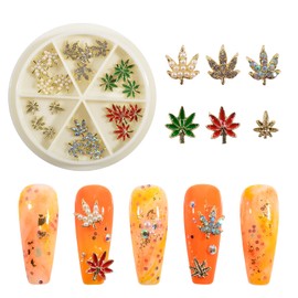BAIYIYI 3D Maple Leaf Nail Charm - 24PCS/Box Luxury Nail Art Charms Nail Rhinestonse Mixed 6 Designs Autumn Leaves Crystal Pearl Jewels Nail Art Supplies for Fall