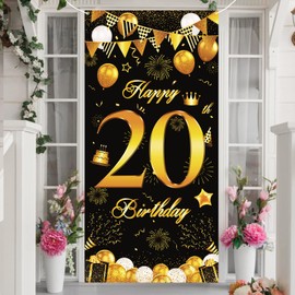 20th Birthday Decoration Man Woman, Black Gold 20th Birthday Door Banner, 20 Year Birthday Background Extra Large Poster Sign for Boy Girl 20th Birthday Decoration Table Wall Decoration, 90 x 185 cm