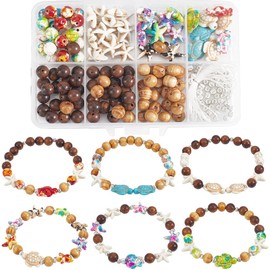 SUNNYCLUE 1 Box 198Pcs DIY 6 Sets Bracelet Making Kits Sea Turtle Starfish Beads Summer Hawaii Ocean Beads Synthetic Turquoise Bead Round Wood Beads for Jewelry Making Kits Adult Women Gifts Supplies
