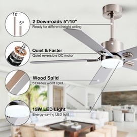 KENSID 48 Inch Ceiling Fans with Lights and Remote Control, Modern Ceiling Fan Light,5 blades,3 Color LED Light,6 Speed DC Motor,Indoor Outdoor Ceiling Fan for farmhouse,Bedroom,Brushed Nickel