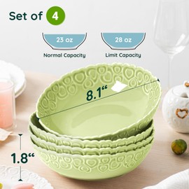 HOMBENE Heartbeat Pasta Bowls Set of 4, 28oz Salad Bowls Soup Bowl for Kitchen, Porcelain Wide and Shallow, Noodle, Soup, Pasta,Dinner, Microwave & Dishwasher Safe (Mint Glow Green)