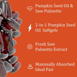Pumpkin Seed Oil Capsules, Pumpkin Seed Oil 2 in 1 with Saw Palmetto, 3000mg Pure & Natural Supplement, Hair Growth, Skin Care - Non-GMO, Gluten - Free 300 Softgels (1)