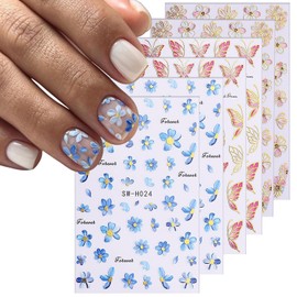 6Sheets Flower Nail Art Stickers 3D Self-Adhesive Nail Sticker Butterfly Nails Art Decals Holographic Floral Butterfly Nails Decal Decoration for Women Blue Blossom Manicure DIY Nail Supplies