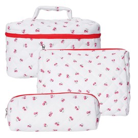 STHAS Quilted Cotton Cosmetic Bag Set, Travel Toiletry Organizer, Women's Makeup Storage, pink, Quilted