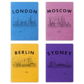 XYTMY A5 Size 4 Packs Writing Journal,Colorful Notebooks Set with European Landmark Cities Pattern and Lined Paper,PU Leather Bound Journal for School and Kids,Blank Subject Notebooks(Random Colors)