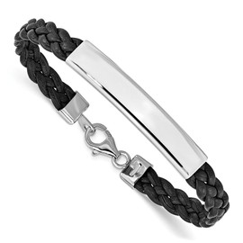 Auriga Fine Jewelry 925 Sterling Silver Rhodium-plated Black Braided Leather Bracelet 7"