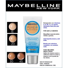 Maybelline Base De Maquillaje  Pure + Maybelline2 Pzs Tono15 Cremaclaro