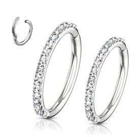 NewkeepsR 2PCS-18G 316L Steel Nose Ring Hoop, Hinged Clicker Daith Helix Cartilage Ring Rounded Clear Diamond-8/9mm