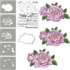Alinacutle Peony Flower Stamps Die Cut Stencils Clear Stamps Set Layering Stencil Metal Cutting Die for Handmade Card Making Scrapbooking Album Paper Craft Template
