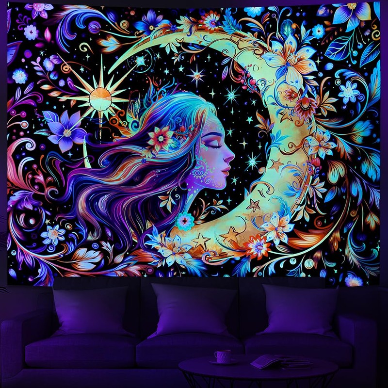 Serborlur Blacklight Sun and Moon Tapestry UV Reactive Psychedelic Floral