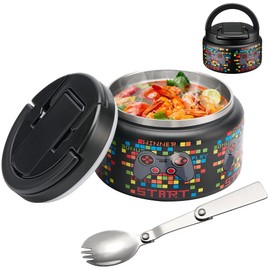 13.5oz Soup Thermo for Hot Food Kids Insulated Vacuum Food Jar with Buckle Lid,Wide Mouth Leakproof Stainless Steel Lunch Container with Spoon-Black Game