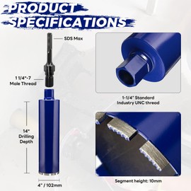 DaduoRi 4" Concrete Core Drill Bit with SDS Max Adapter (1-1/4"-7 Thread) - 14" Cutting Depth & Upgraded Welded Teeth Core Bits for Concrete with Rebar, Brick, Masonry,Stucco,Mortar,Wet Coring