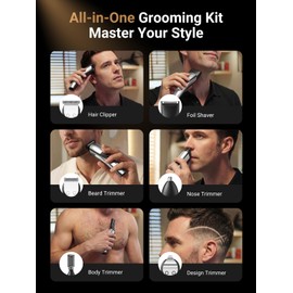 SHPAVVER Beard Trimmer for Men: Professional Barber Hair Clippers - 12-in-1 Cordless Grooming Kit - Waterproof Electric Razor with Turbo Speed & Precision Blades, Silver