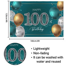 HAMIGAR 6x4ft Happy 100th Birthday Banner Backdrop - 100 Years Old Birthday Decorations Party Supplies for Women Men - Green Silver