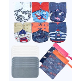 Castle Cat 6pcs Washable and Reusable One-Fit-All Double Gussets Side Leakage Prevention Cloth Diapers Packed with 12pcs Inserts and 2pcs Wet Bags for Baby Girls and Boys (Boy Prints 04)
