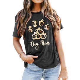 Fawniss Dog Mom T-Shirt Women Letter Print Shirts Funny Leopard Dog Paw Graphic Tee Tops (Grey, XX-Large)