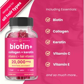 NutraChamps Hair Skin & Nails Gummies, Biotin with Collagen & Keratin, 5000mcg Biotin Beauty Complex, Vitamin Supplement, Berry, 120 Count, Healthy Hair, Radiant Skin & Strong Nails (Pack of 2)