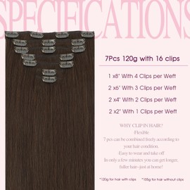 PINKPEARL Human Hair Clip in Hair Extensions 18inch #4 Chocolate Brown Clip in Hair Extensions Real Human Hair 7pcs 120g Natural Human Hair Clip ins for Women(#4-18)