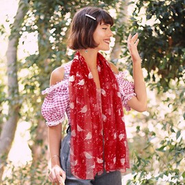 GoGou Scarf for Women Red Robin Bird Printed Scarves Lightweight Chiffon Scarf Gifts for All Season Wedding Birthday Party Christmas 180 x 85cm(Red)