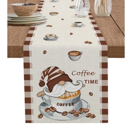 RisQiten Coffee Time Table Runner - 36 Inch Long Gnomes Coffee Beans Brown Plaid Cotton and Linen Blended Dress Scarves Farmhouse Table Runner for Kitchen Dining, Coffee Table, 13" x 36"
