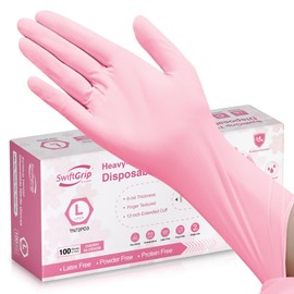 SwiftGrip Disposable Nitrile Dishwashing Gloves, Extended 12 Inches Cuff, 6-mil, Large, Cherry Blossom Cleaning Gloves for Latex-Free, Ideal for Cooking, Hair Dye, Spa (Box of 50)