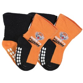 Wests Tigers NRL Baby Infant Toddler Nonslip Crew Socks 2 pk Size 1-2