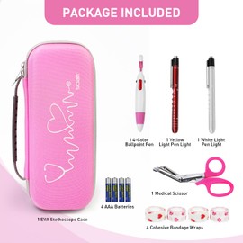 Scian 13pcs Stethoscope Case Kit, Portable Stethoscope Case Included Medical Scissor, Penlights, Nurse Accessories for Doctors Medical Students Nurses Gift, Pink